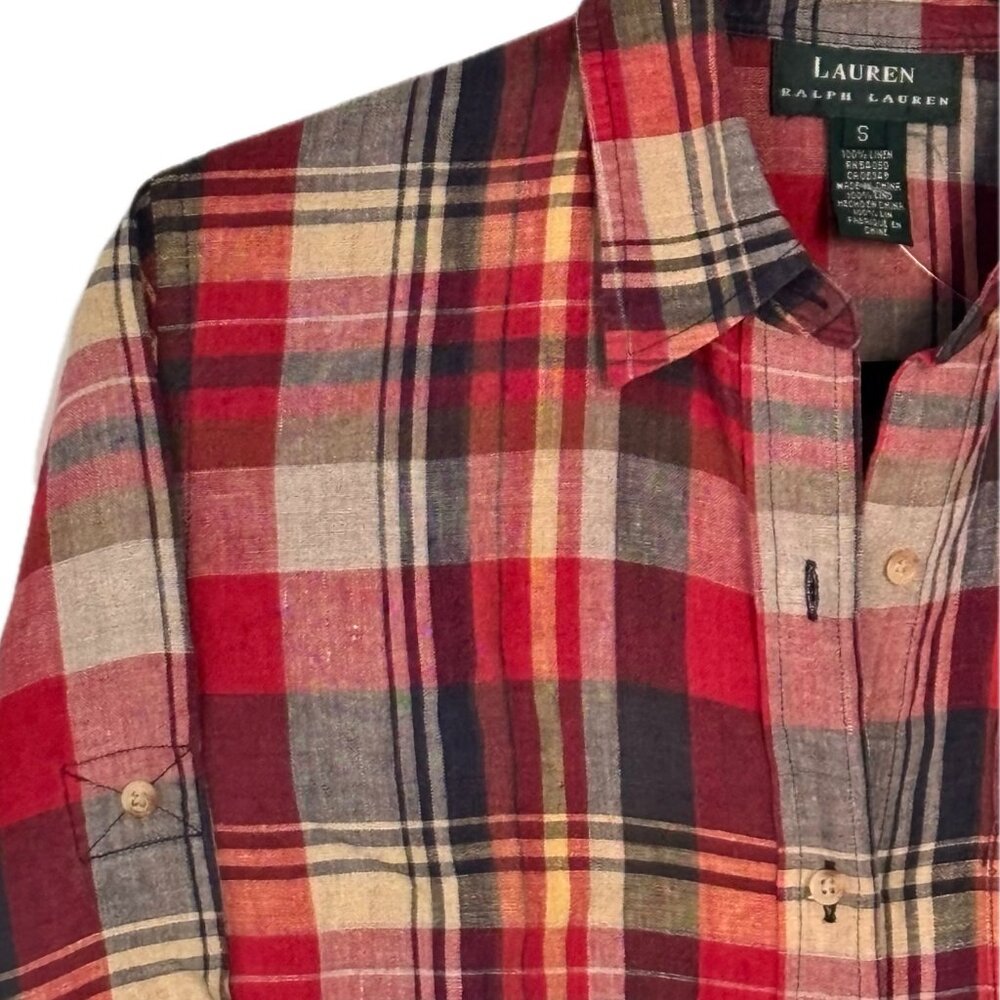 Ralph Lauren Plaid Button Up Shirt Long Tab Sleeve Western Autumn Colors Wm Sz S - Picture 5 of 7
